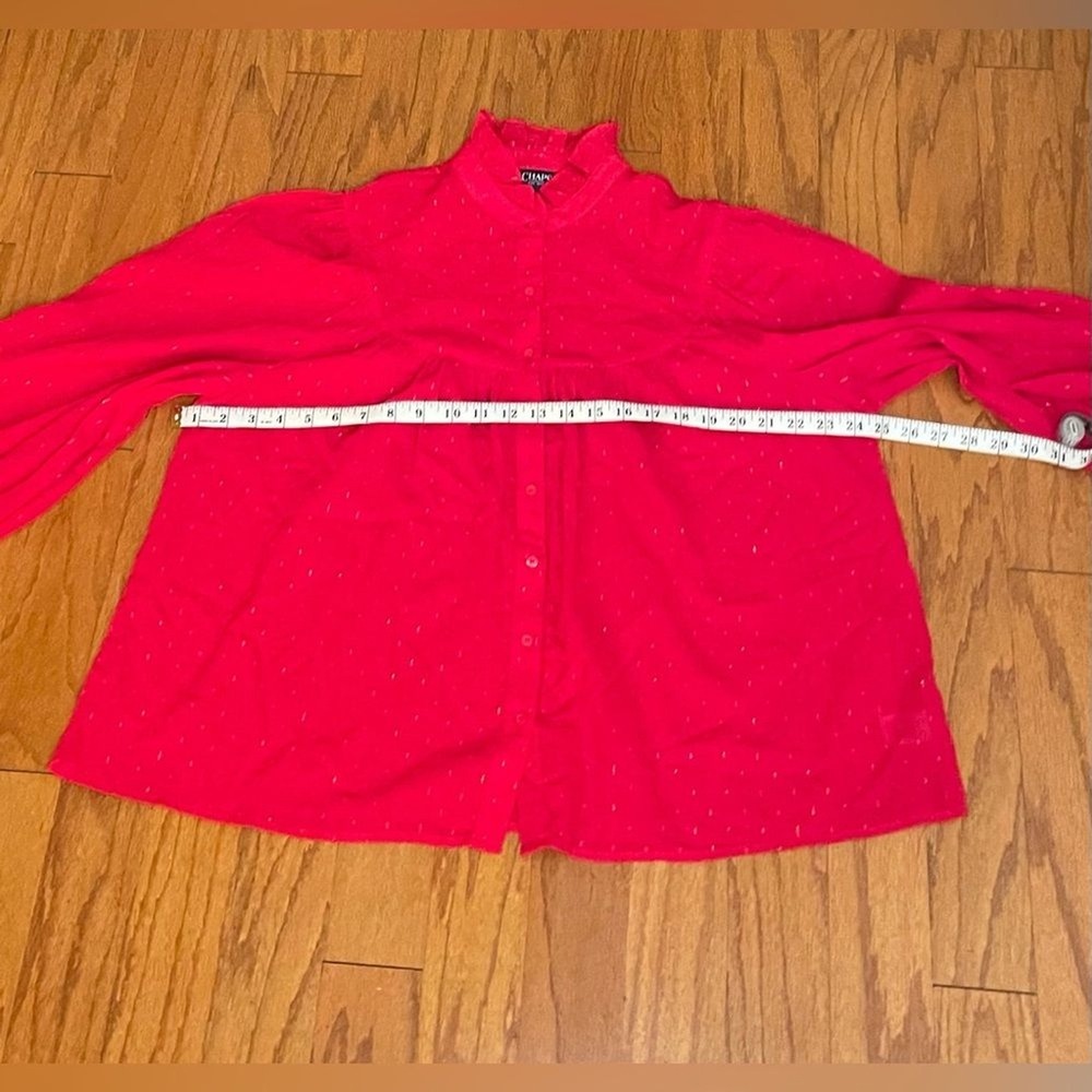Chaps Red Metallic Gold Clip Dot Ruffle Neck Balloon Sleeve Blouse XL - Picture 5 of 8